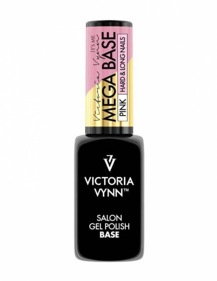 Mega Base Pink 8 ml - flakon bazy budującej Victoria Vynn Salon Gel Polish Base na białym tle, różowa nakrętka z napisem Pink