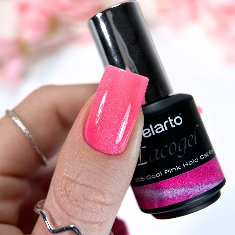 Lacogel Cool Pink Holo Cat Eye nr 905 - stylizacja paznokci, róż z multikolorową holograficzną smugą kociego oka