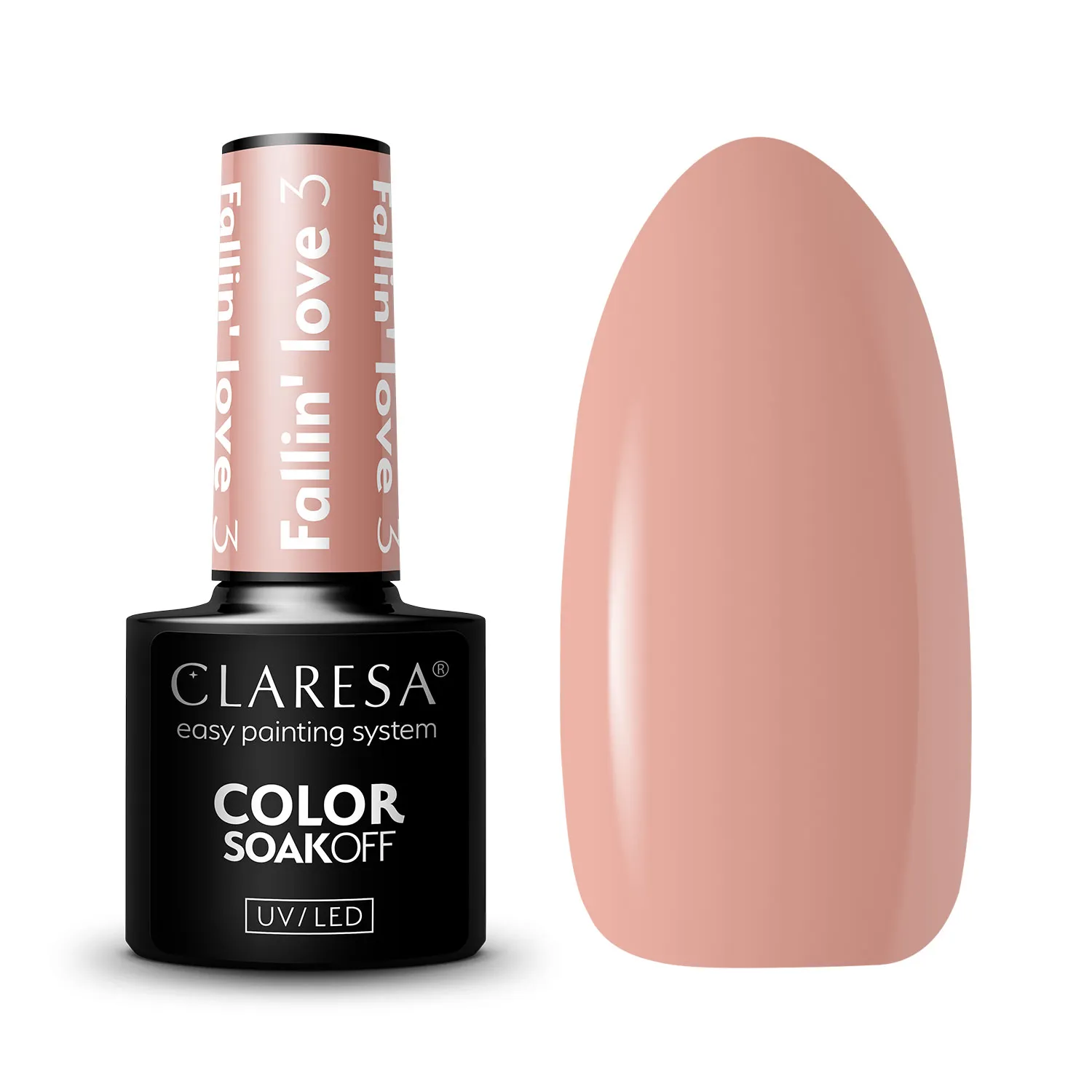 Packshot Claresa Fallin Love 3 - butelka i swatch ciepłego brzoskwiniowego nude