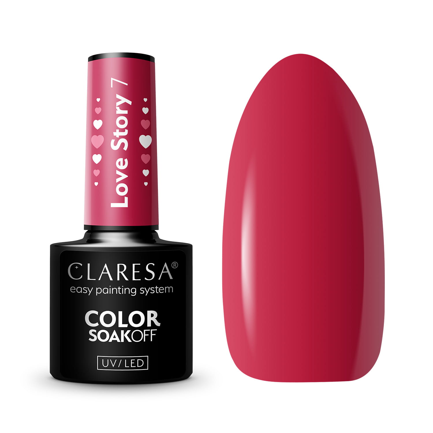 Packshot lakieru hybrydowego Claresa Love Story 7 - butelka i wymalowany swatch w malinowej czerwieni
