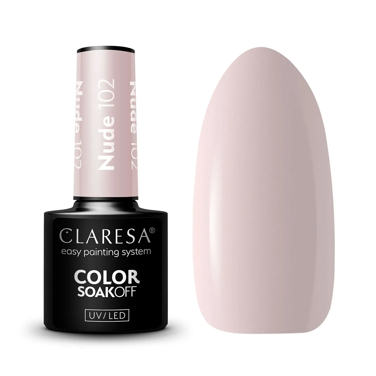 Packshot lakieru hybrydowego Claresa Nude 102 5 g z próbnikiem koloru w pudrowym beżoworóżu