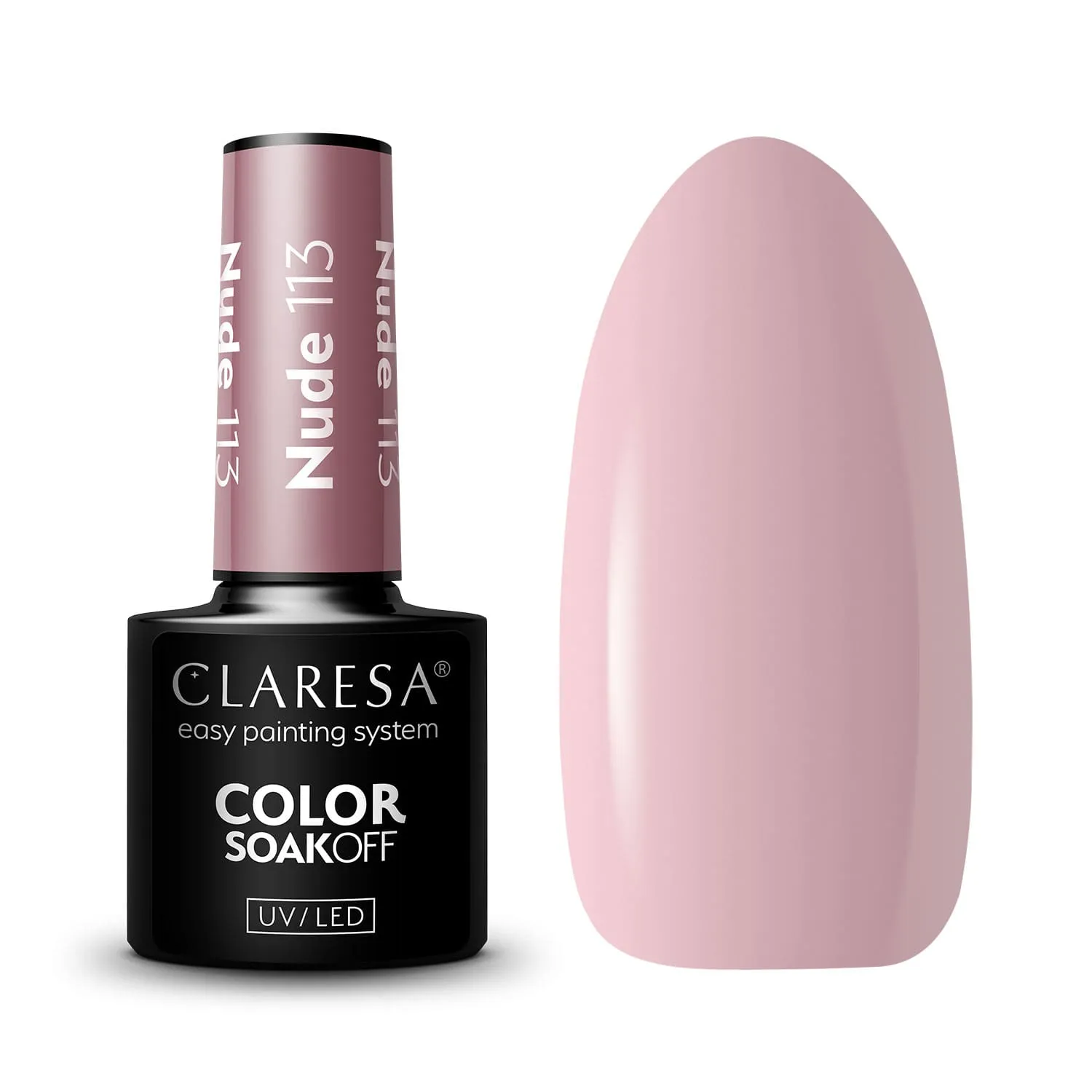 Packshot lakieru hybrydowego Claresa Nude 113 z próbką pudrowo-różowego beżu obok butelki