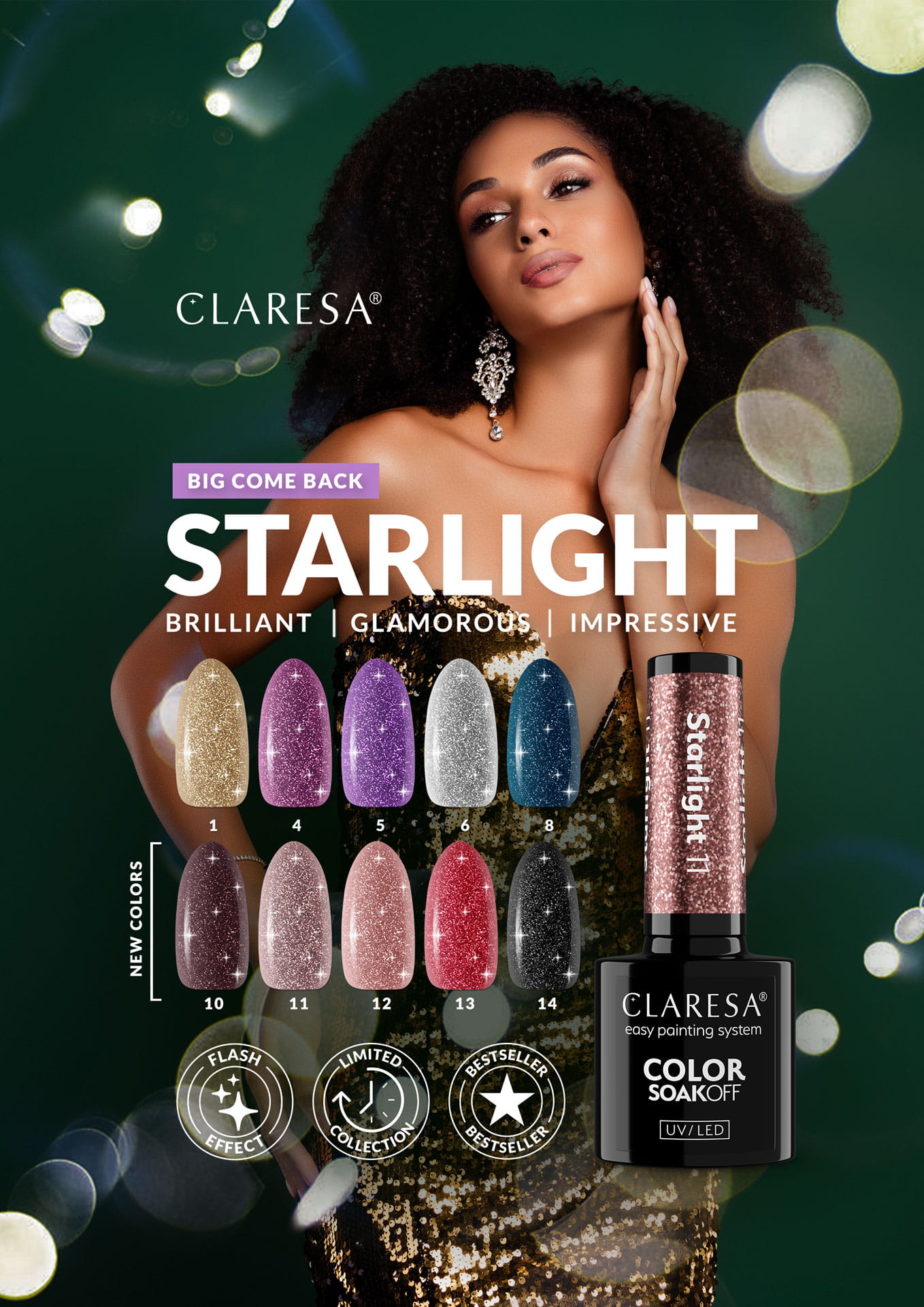 Dłoń z lakierem hybrydowym Claresa Starlight 12 w różowo-łososiowym odcieniu z migoczącym drobnym brokatem