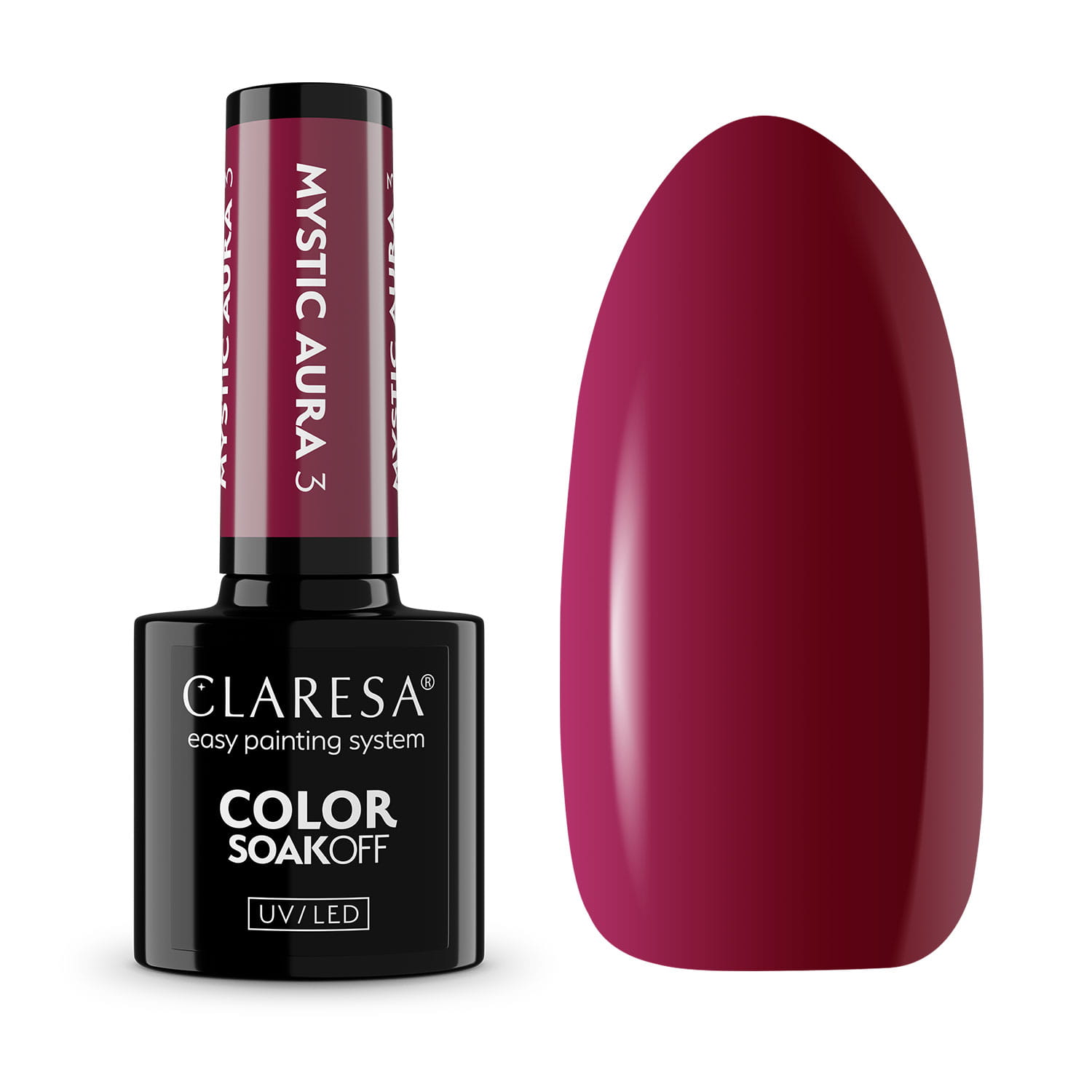 Claresa Mystic Aura 3 - głęboka burgundowa czerwień hybryda 5 g, butelka i swatch koloru w klimacie zimowej, tajemniczej aury