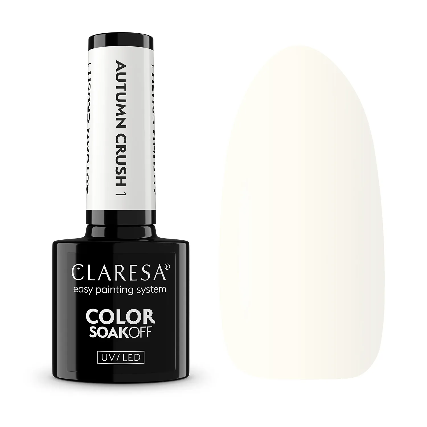 Claresa Autumn Crush 1 - ciepła kremowa biel hybryda 5 g, butelka i swatch koloru w przytulnym jesiennym klimacie
