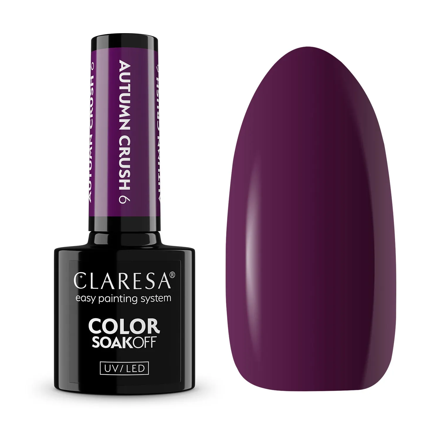 Claresa Autumn Crush 6 - ciemna śliwka hybryda 5 g, butelka i swatch koloru w klimacie przytulnej jesieni