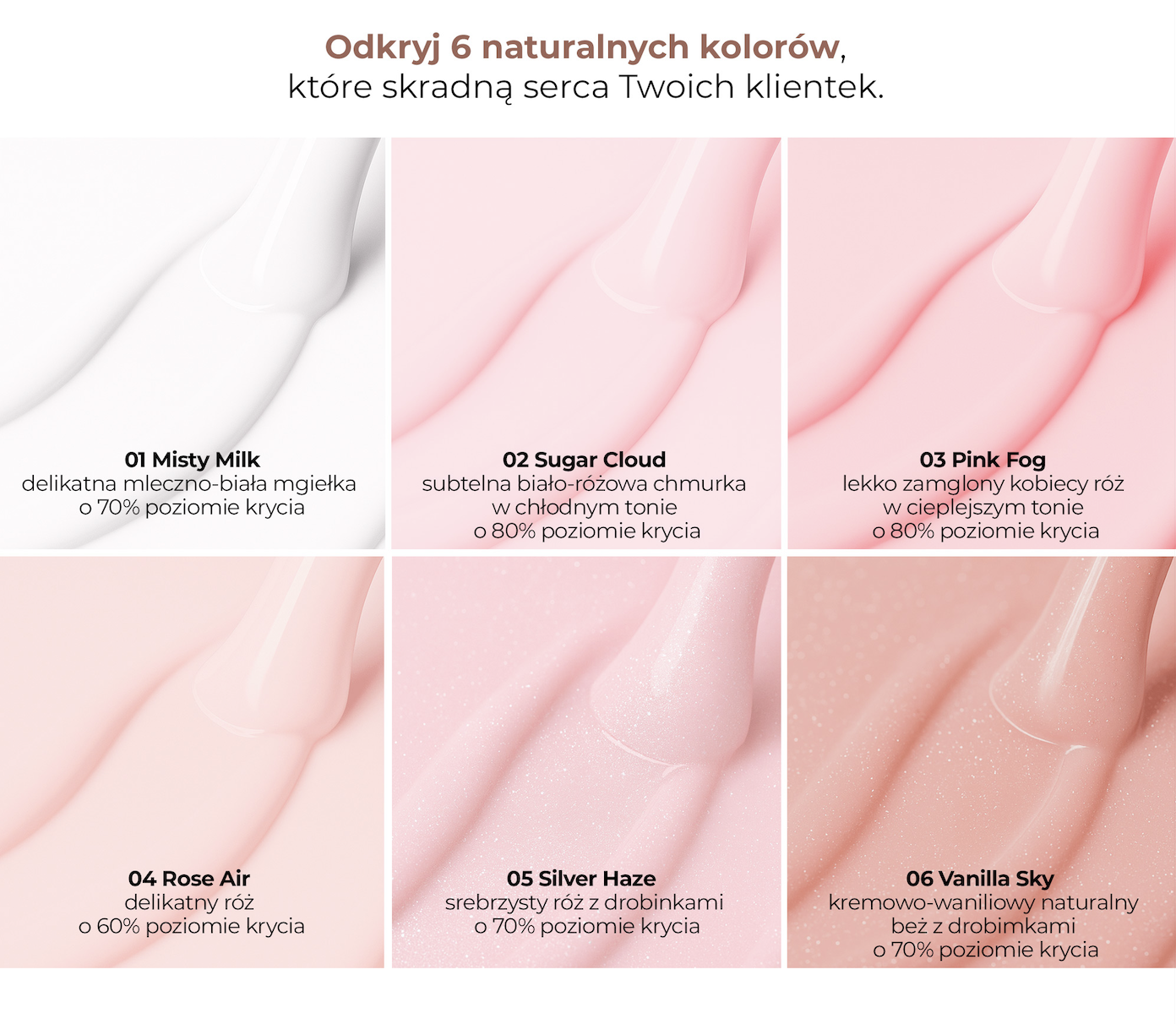 Paleta sześciu odcieni Victoria Vynn Liquid Poly Gel z poziomem krycia, od 01 Misty Milk do 06 Vanilla Sky