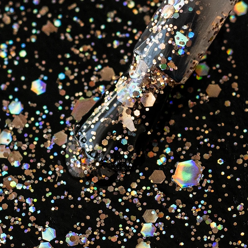 Elarto Lacogel Glitterella Złoty Brokat nr 947 - złoty brokat z holo-drobinkami i hexami