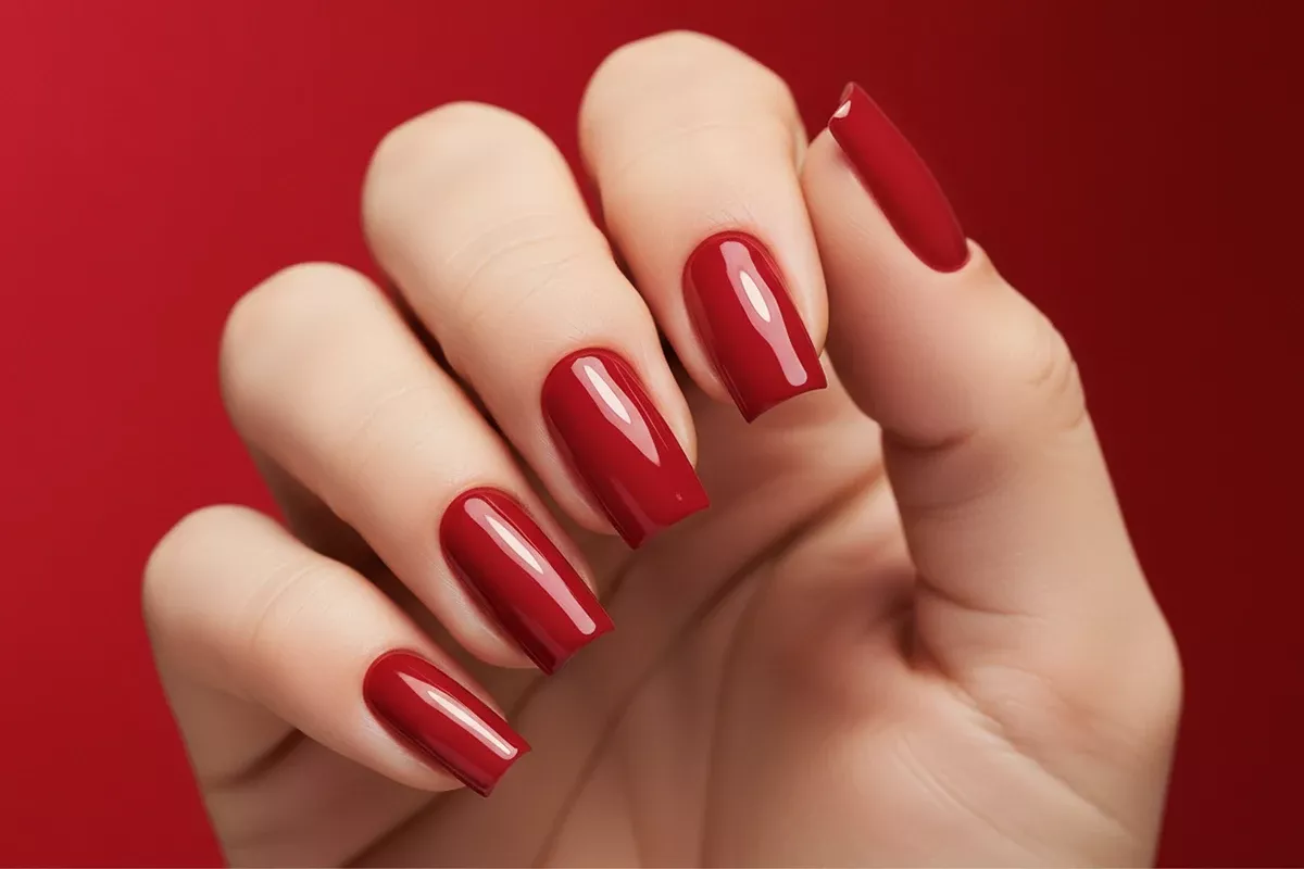 Stylizacja lakierem 442 Sex Revolution - bordowo-czerwony manicure w duchu buntu lat 60.
