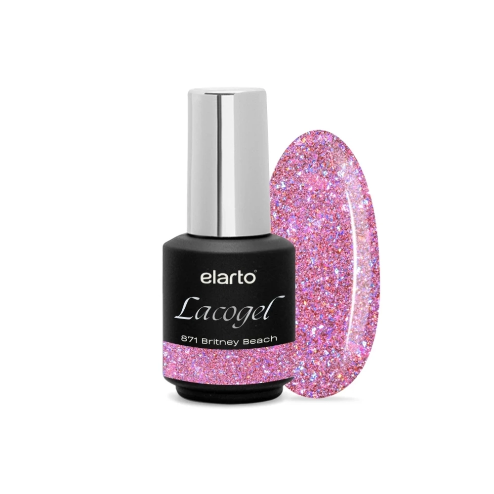 Lacogel Britney Beach nr 871 7ml - lakier hybrydowy z efektem flash, letni róż z wielokolorowymi drobinkami