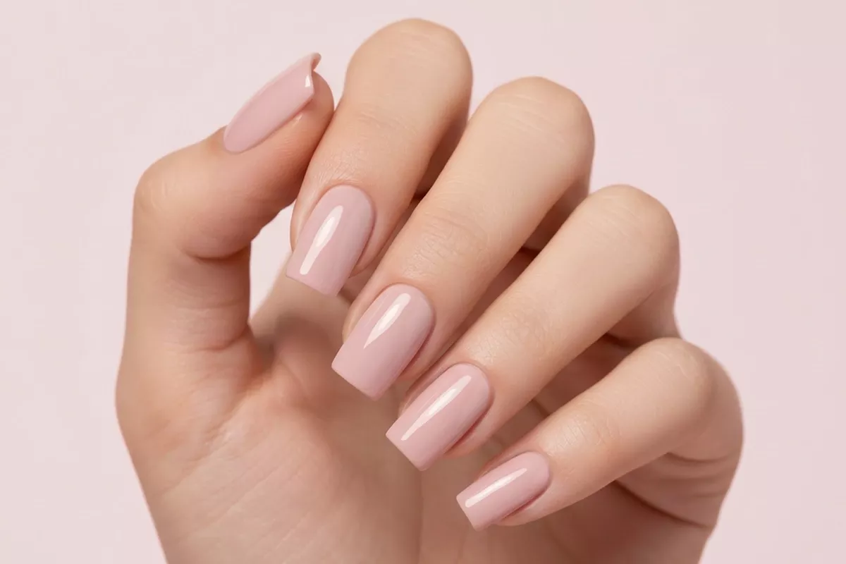 INSTA GEL 05 Nude Mood - dłoń z paznokciami w odcieniu stonowany beż, kwadratowy kształt, naturalny efekt