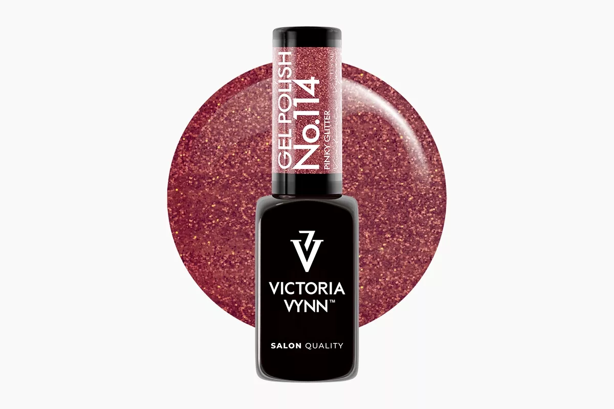 Lakier hybrydowy Victoria Vynn Gel Polish 114 Pinky Glitter 8 ml - chłodny róż z różowym brokatem, butelka