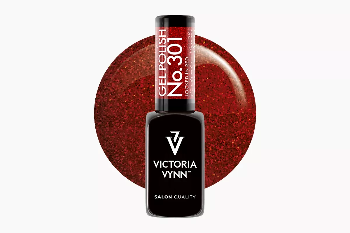 Lakier hybrydowy Victoria Vynn nr 301 Locked In Red 8 ml - czerwień z brokatem, butelka