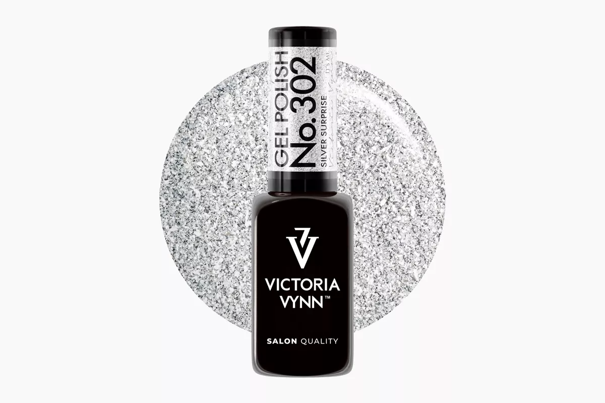 Lakier hybrydowy Victoria Vynn nr 302 Silver Surprise 8 ml - srebro z brokatem, butelka