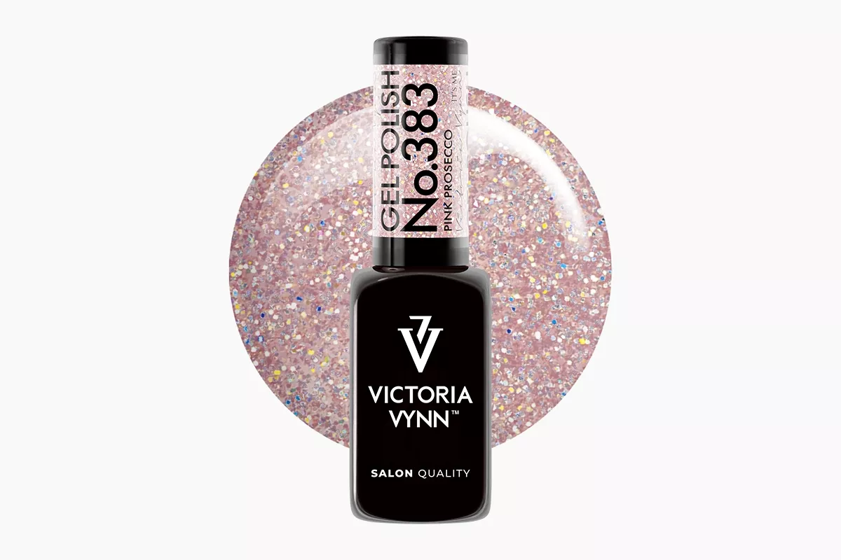 Lakier hybrydowy Victoria Vynn Gel Polish 383 Pink Prosecco 8 ml - delikatny róż z holograficznym brokatem, butelka