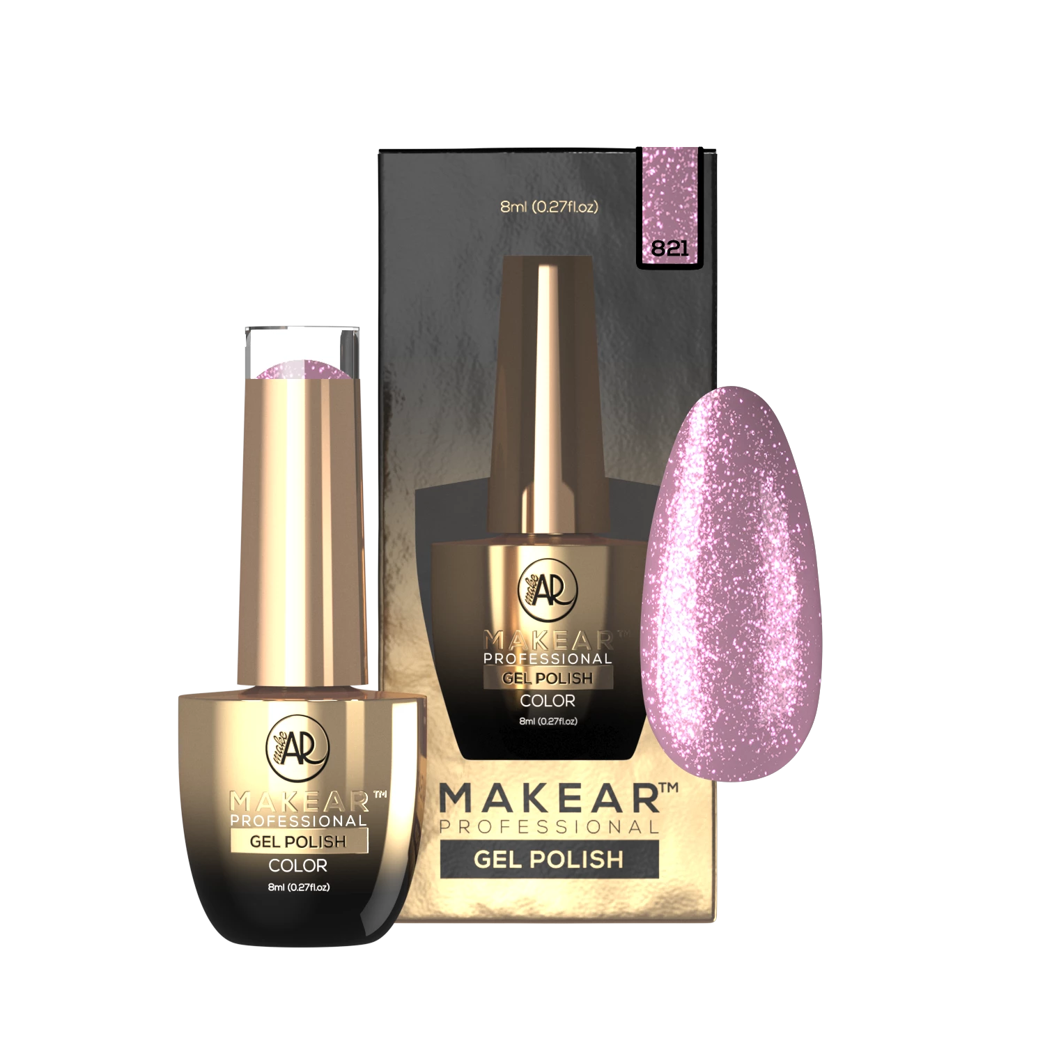 Makear lakier hybrydowy 821 - rozowy z gestym srebrno- zdjecie 1, 8 ml