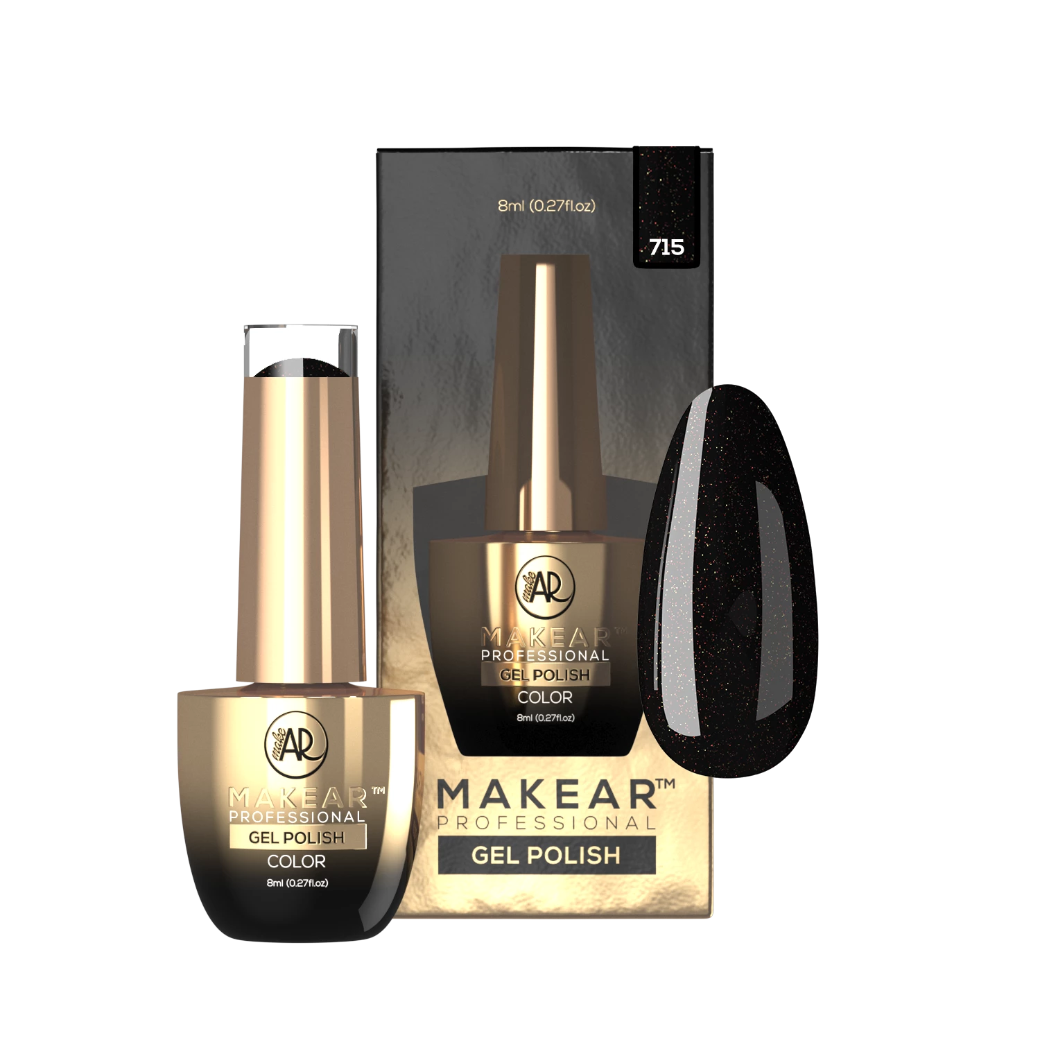 Makear lakier hybrydowy 715 Glamour - głęboka czerń z zimną srebrną iskrą, 8 ml