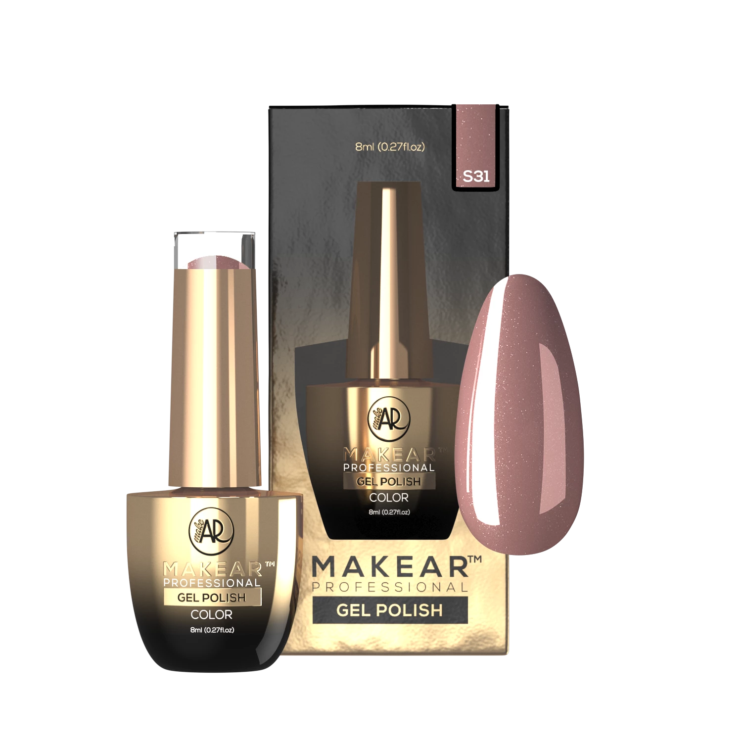 Makear lakier hybrydowy S31 Knick Knacks - swatch różowego brązu z drobnym shimmerem, 8 ml