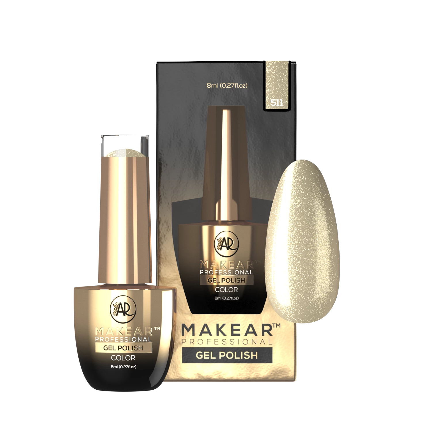Makear lakier hybrydowy 511 Lollipop - butelka lakieru w złoto-szampańskim brokacie, 8 ml