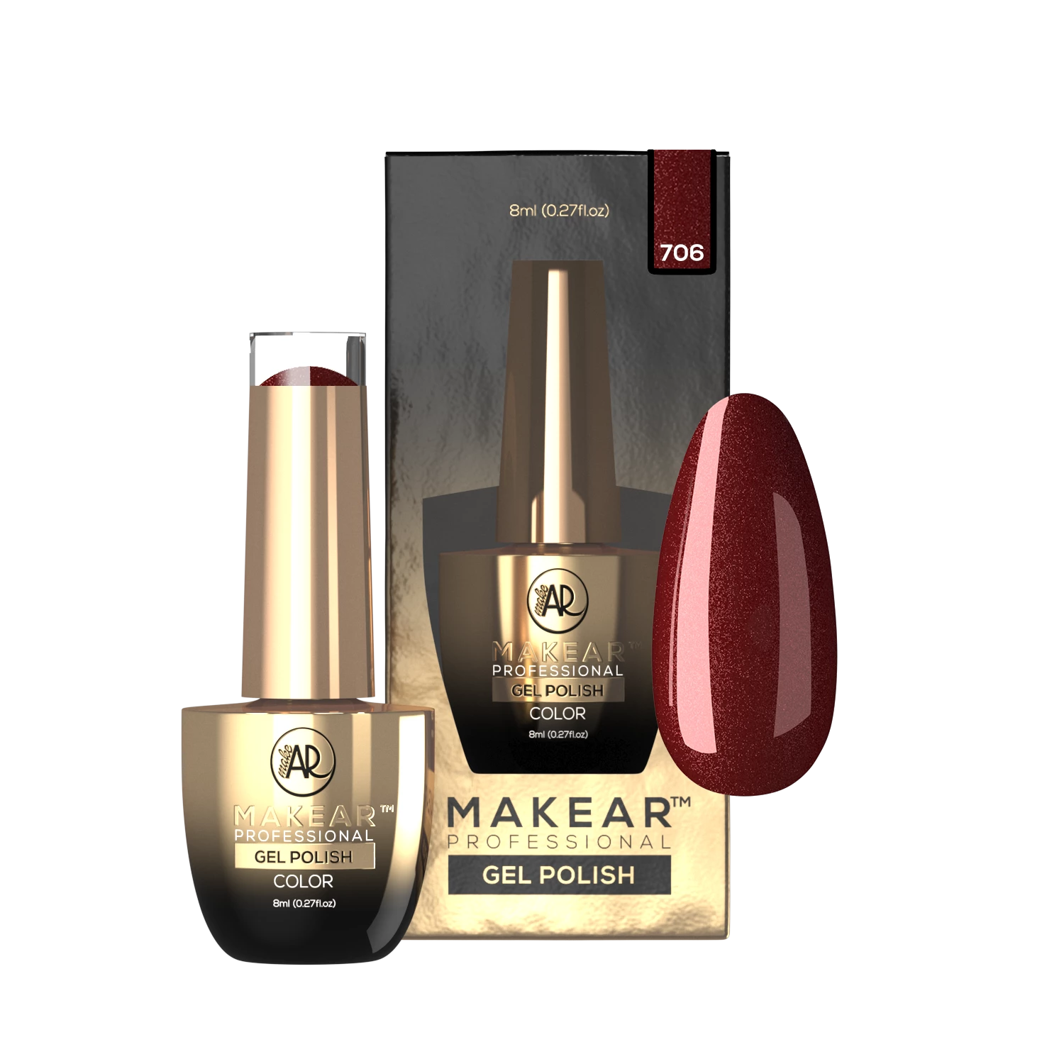 Makear lakier hybrydowy 706 Glamour - bordo z brązowym podtonem i drobną iskrą, 8 ml