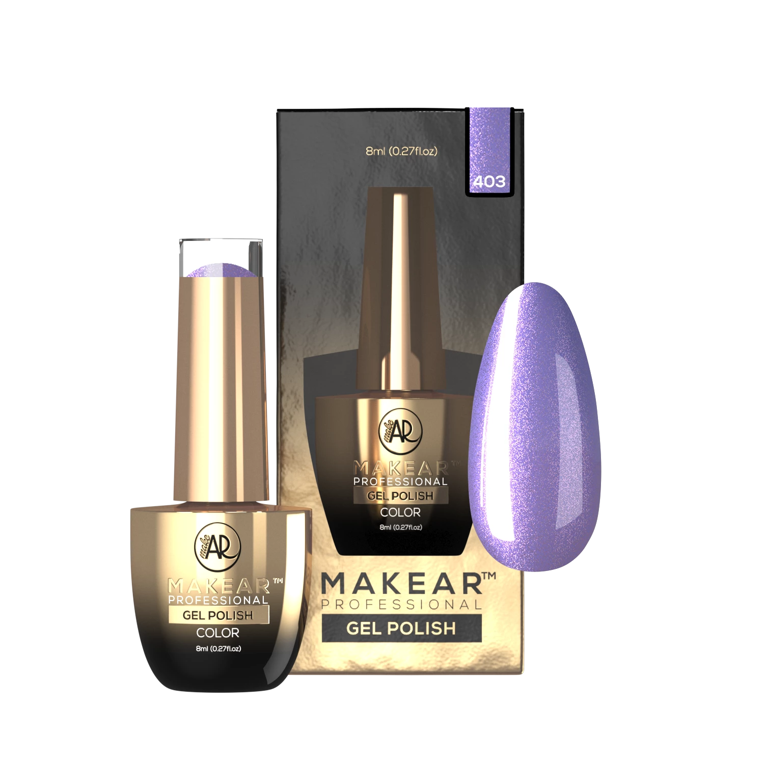 Makear 403 Glossy - buteleczka i opakowanie lakieru hybrydowego 8 ml z próbką opalizującego koloru