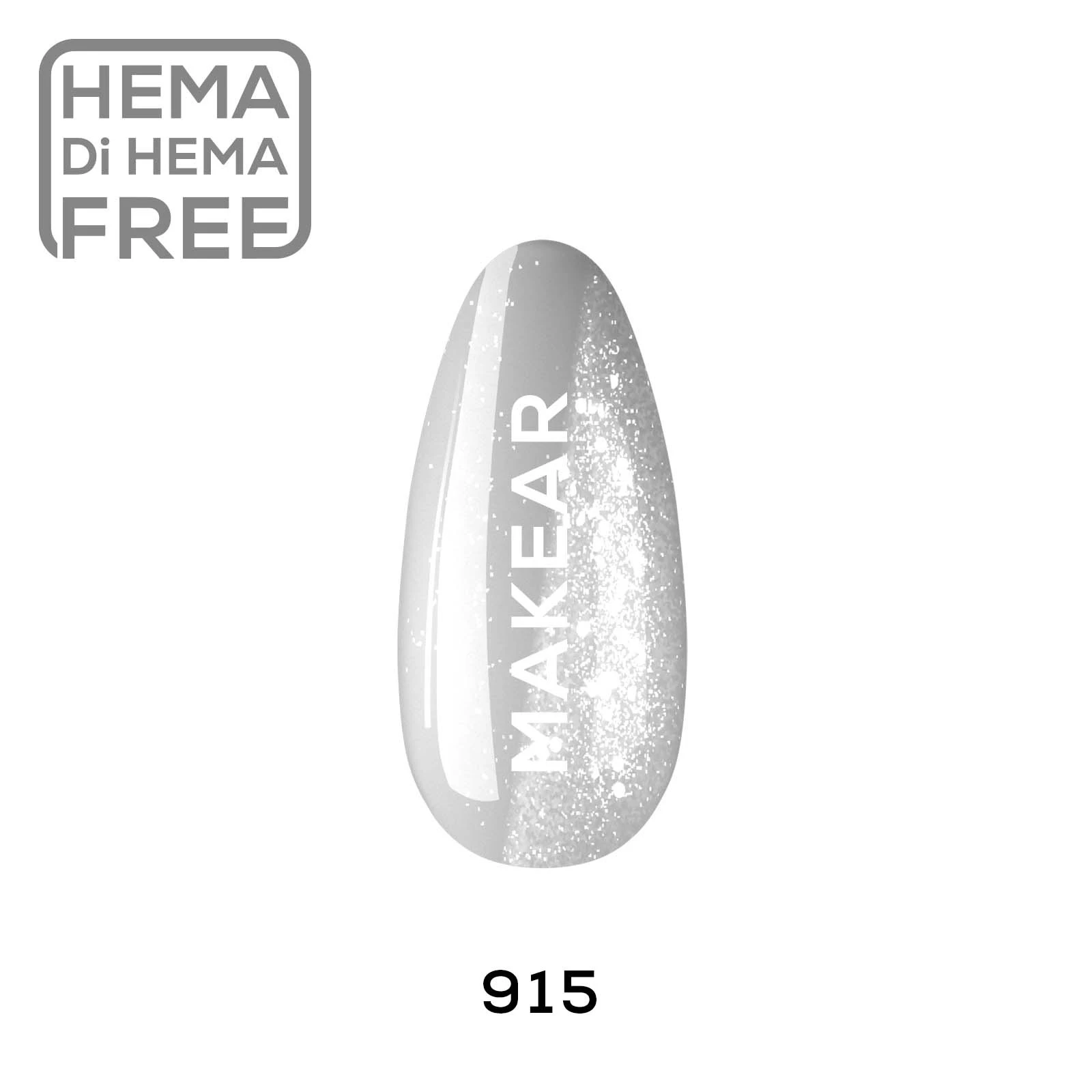 Makear lakier hybrydowy 915 White Lady - swatch srebrno-bialego z diamentowym brokatem, 8 ml