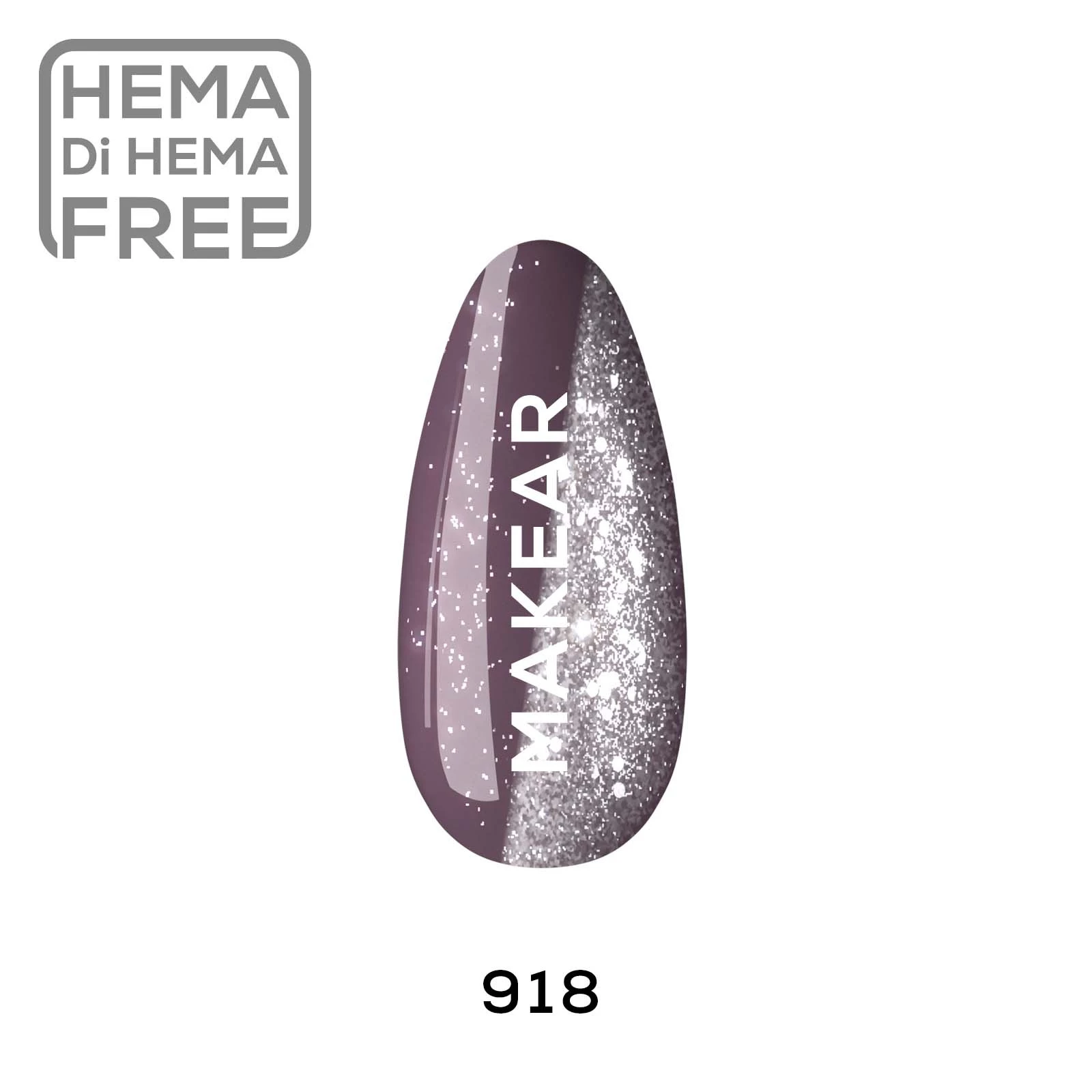 Makear 918 Cuba Libre lakier hybrydowy - swatch przygaszonego fioletu mauve z grubym srebrnym brokatem, 8 ml