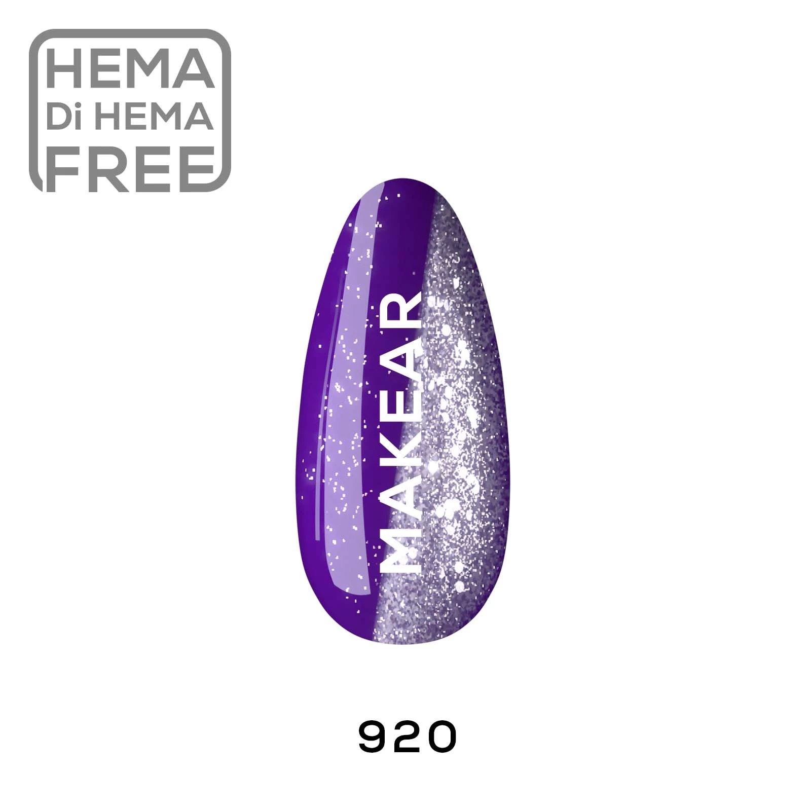 Makear lakier hybrydowy 920 Witch Heart - swatch winogronowego fioletu ze srebrnym brokatem, 8 ml