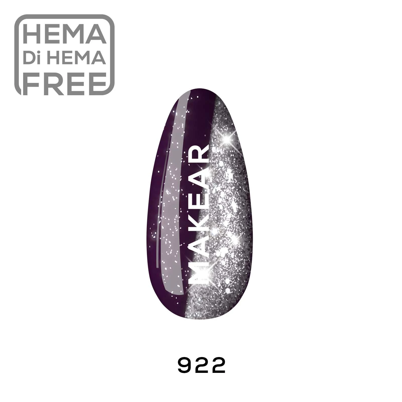 Makear lakier hybrydowy 922 Black Widow - swatch ciemnej grafitowo-fioletowej oberżyny ze srebrnym brokatem, 8 ml