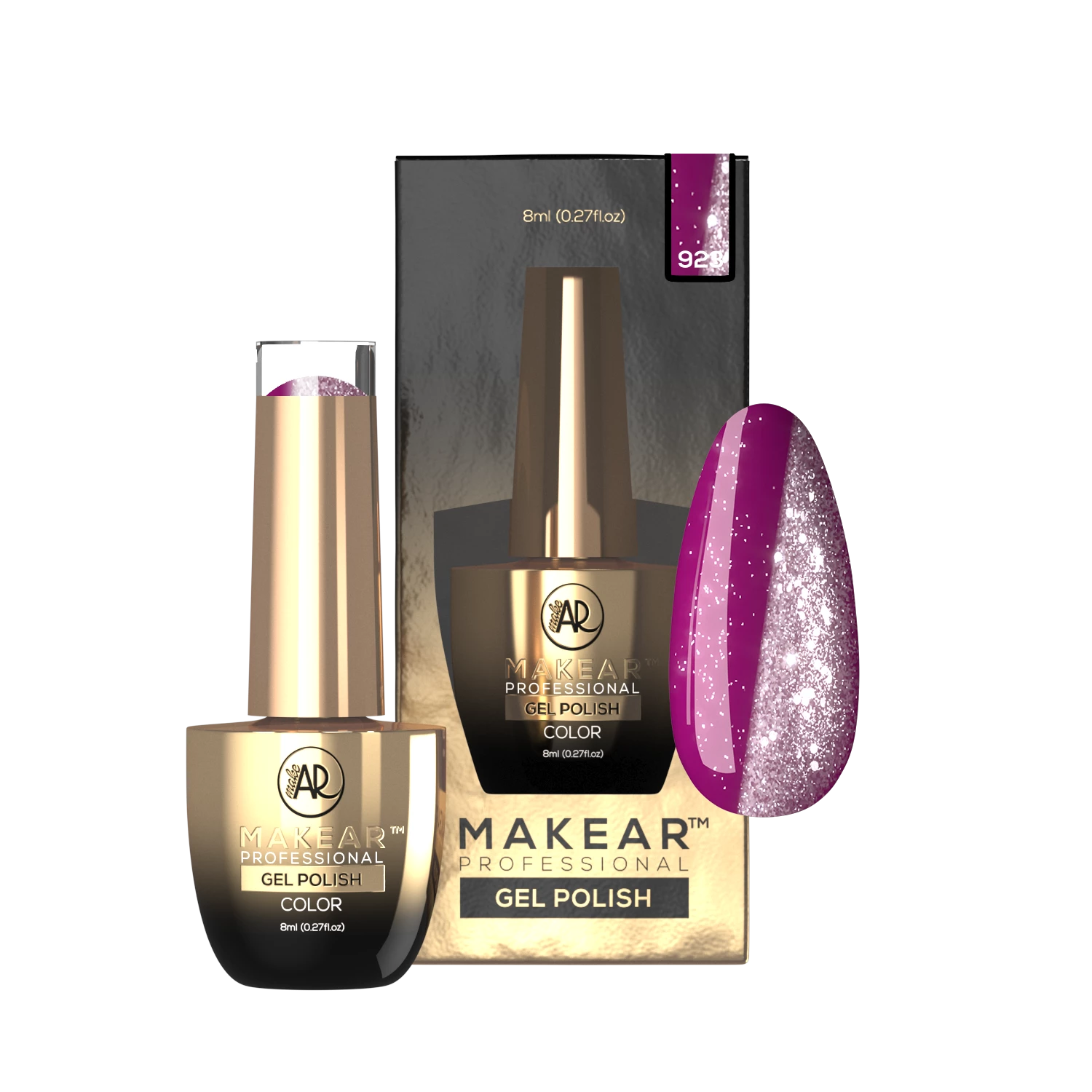 Makear lakier hybrydowy 923 Aviation - różowo-fioletowa magenta z brokatem, efekt moonlight, 8 ml
