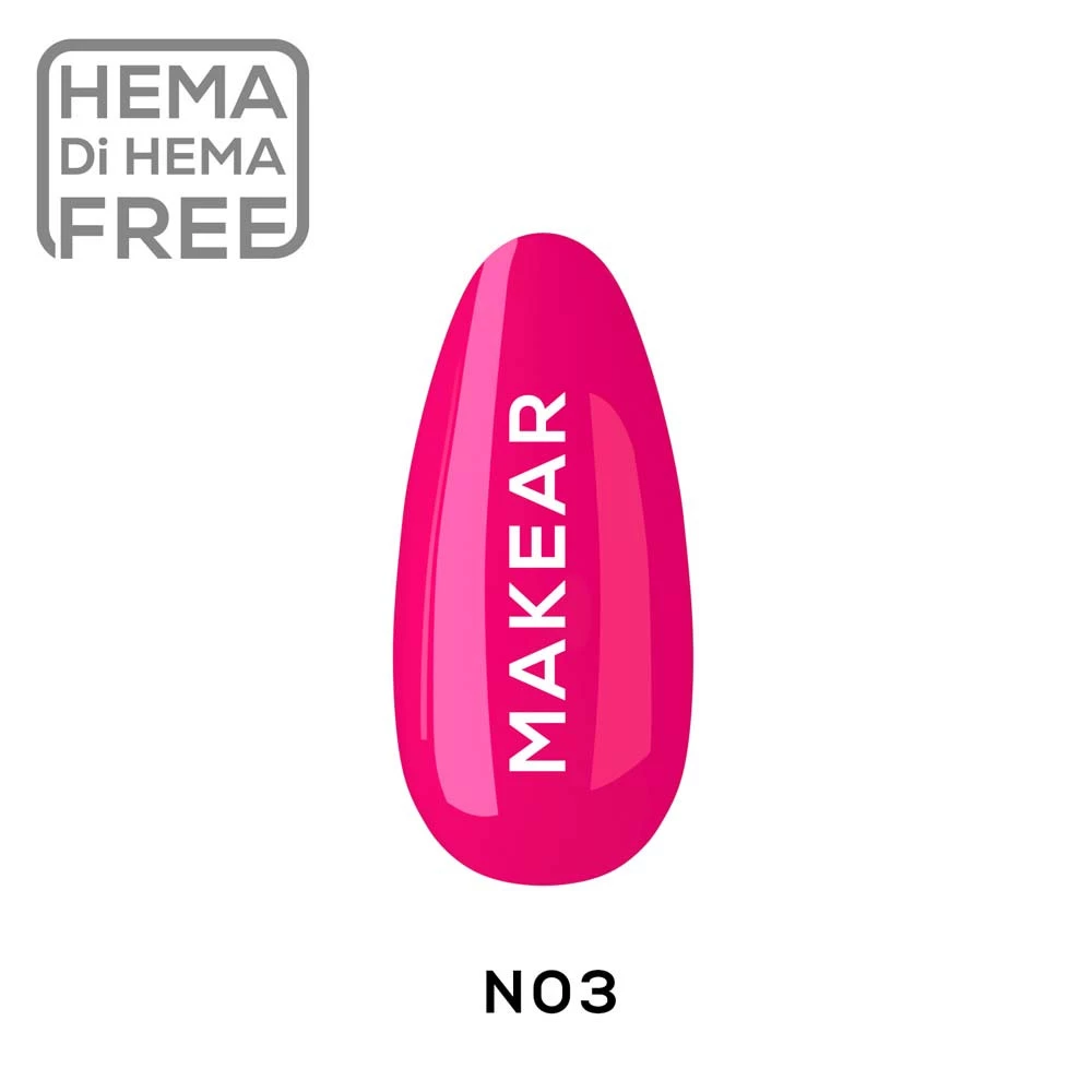 Makear lakier hybrydowy N03 neon - swatch gorącego różowo-magentowego hot pink, 8 ml HEMA FREE