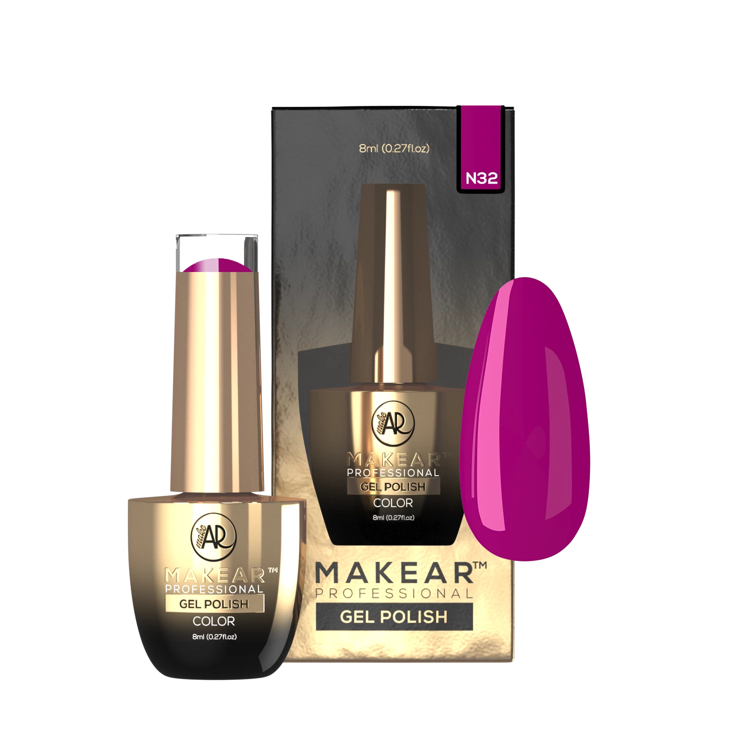 Makear lakier hybrydowy N32 neonowa magenta-purpura orchidea - kadr koloru na paznokciach, neon 8 ml
