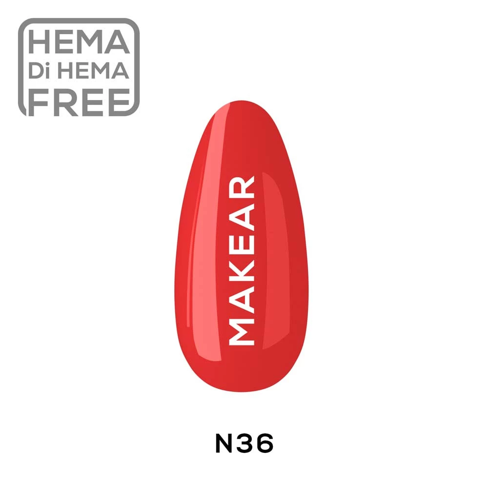 Makear lakier hybrydowy N36 koralowo-czerwony neon z łososiem - swatch koloru, neon 8 ml HEMA FREE