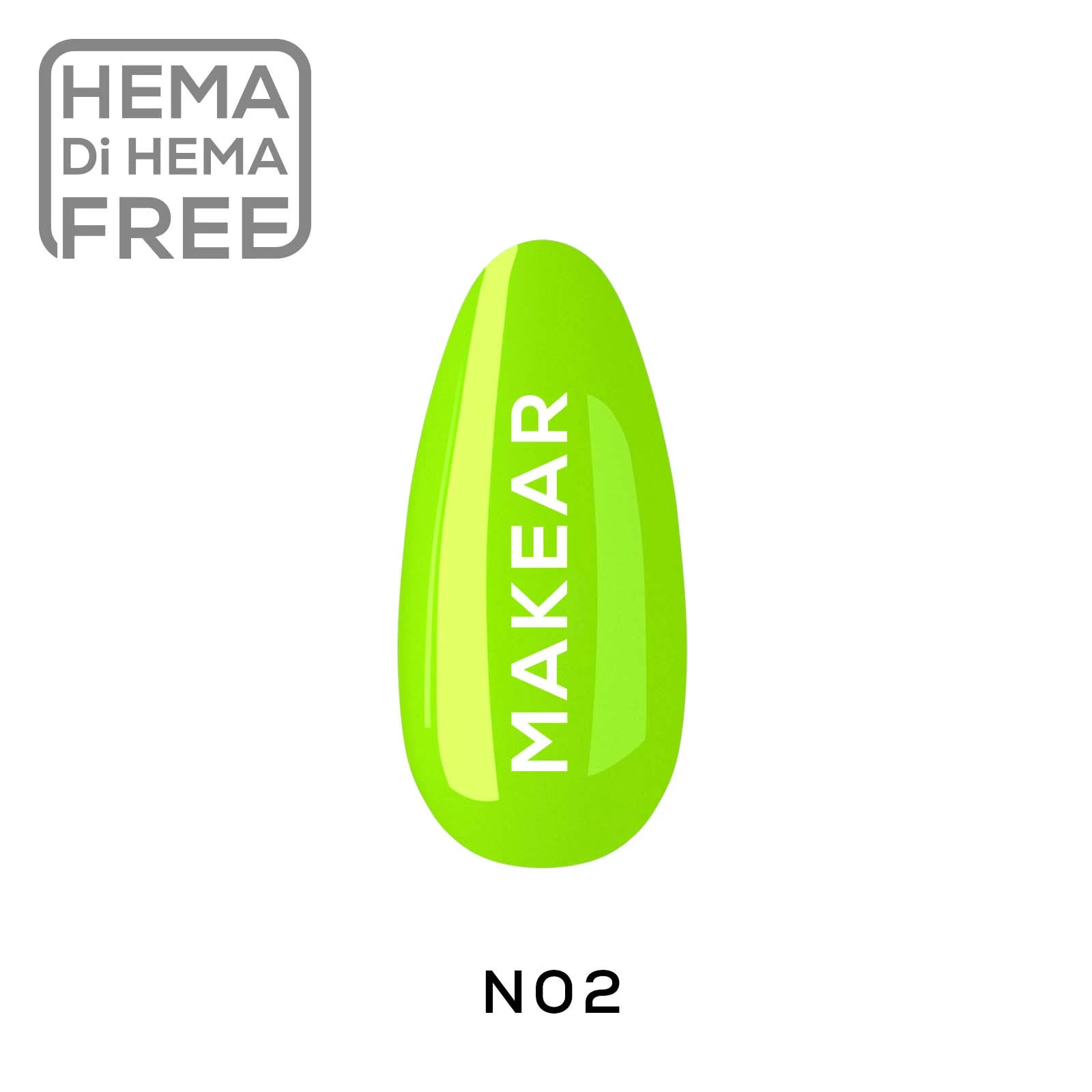 Makear lakier hybrydowy N02 neonowa limonka chartreuse - swatch koloru, neon 8 ml HEMA FREE