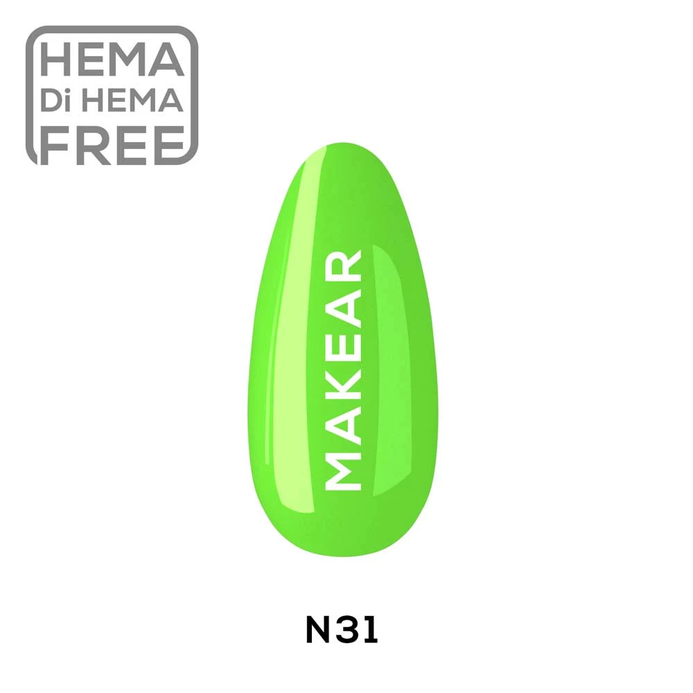 Makear lakier hybrydowy N31 czysta neonowa zieleń trawiasta - swatch koloru, neon 8 ml HEMA FREE