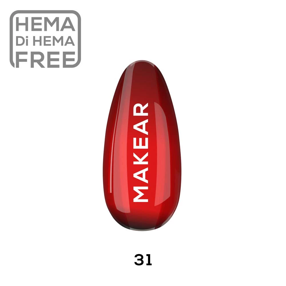 Makear lakier hybrydowy 31 Spice Secret - swatch głębokiej ciemnej czerwieni w kremie, 8 ml HEMA FREE