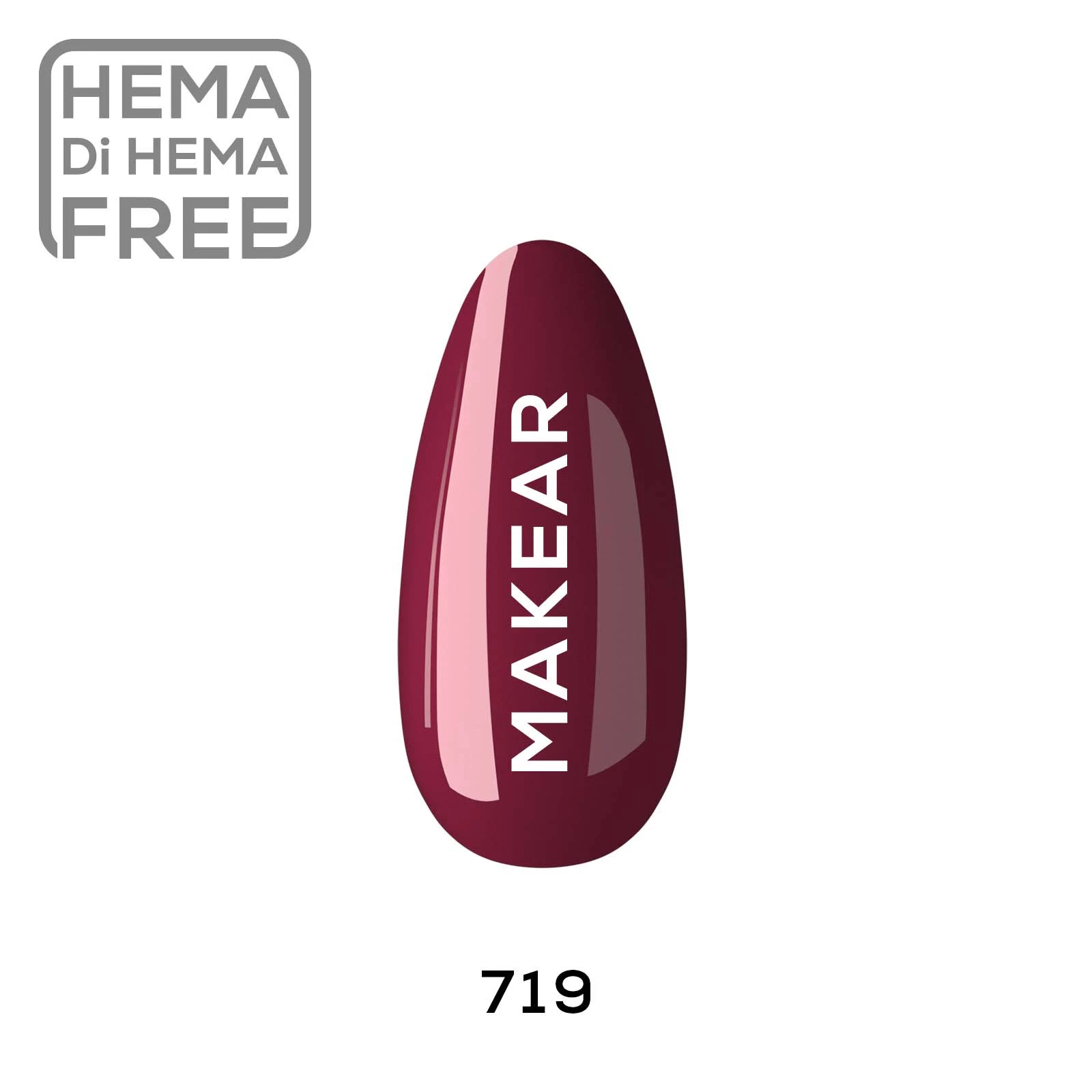 Makear lakier hybrydowy 719 Glamour - swatch ciemnej bordowo-malinowej czerwieni w kremie, 8 ml HEMA FREE