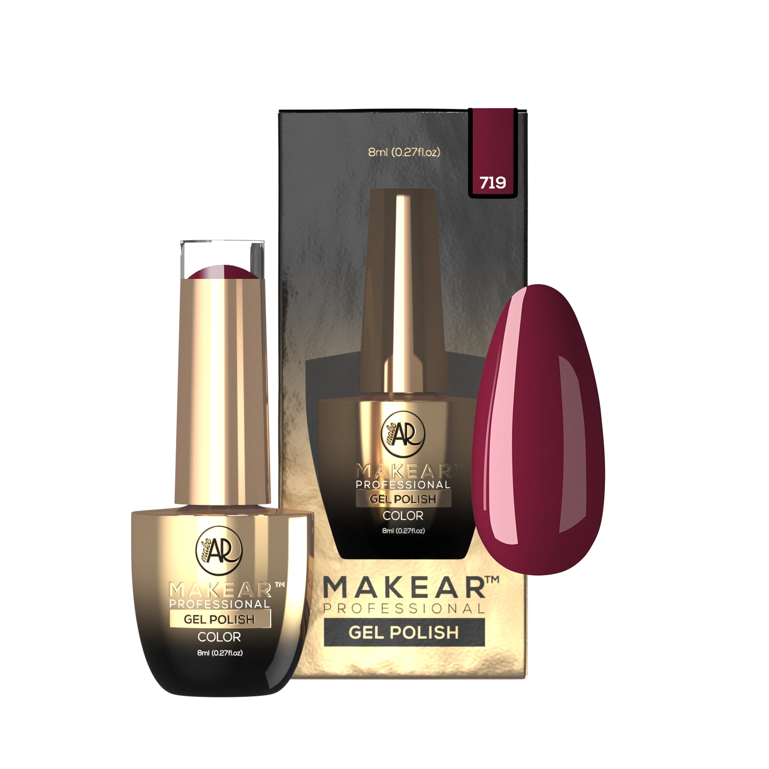Makear lakier hybrydowy 719 Glamour - głęboka bordowo-malinowa czerwień, pełne krycie, zdjęcie 2, 8 ml