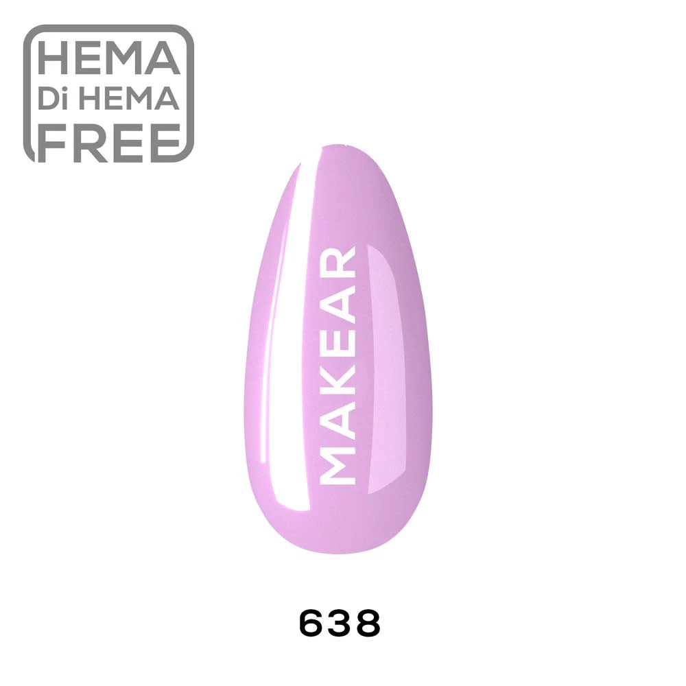 Makear lakier hybrydowy 638 Liliowy - swatch koloru, pastelowy liliowy fiolet z różowym podtonem, krem, 8 ml HEMA FREE