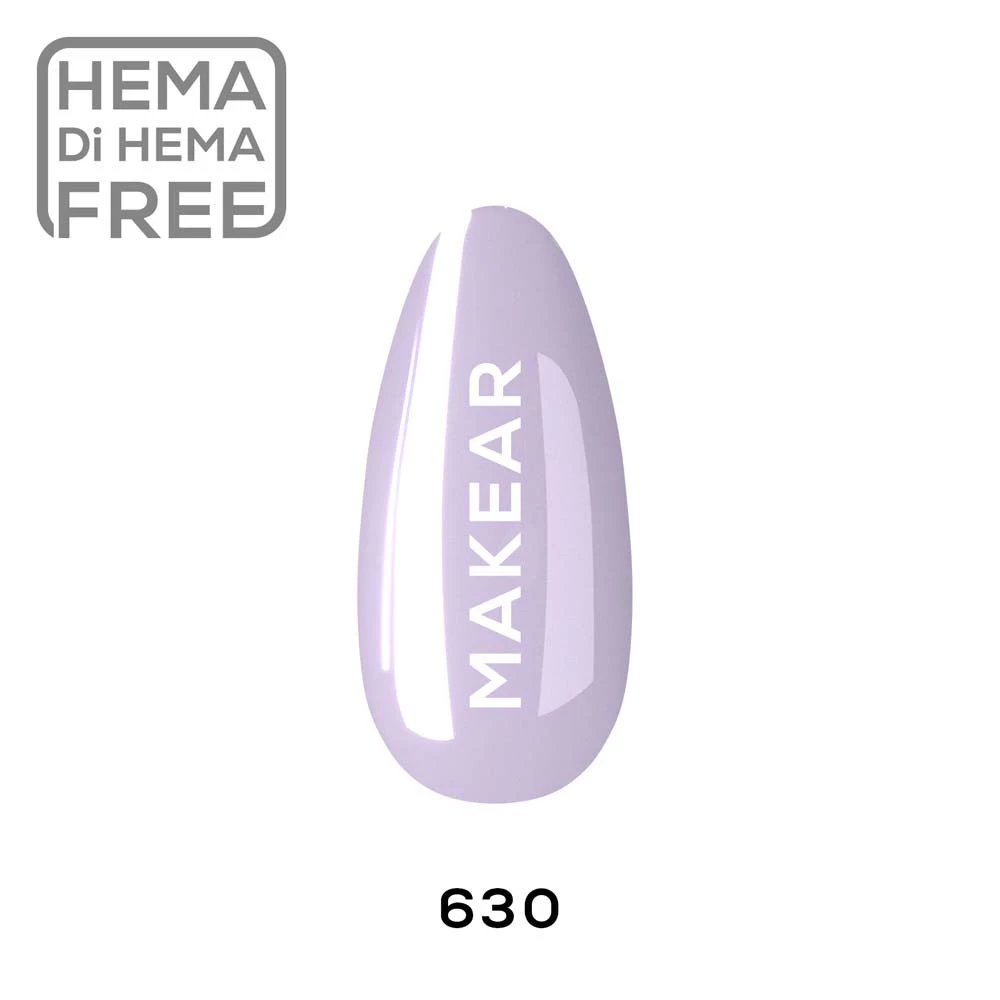 Makear lakier hybrydowy 630 Lilac - swatch koloru, chłodny szaro-fioletowy bez, krem, 8 ml HEMA FREE
