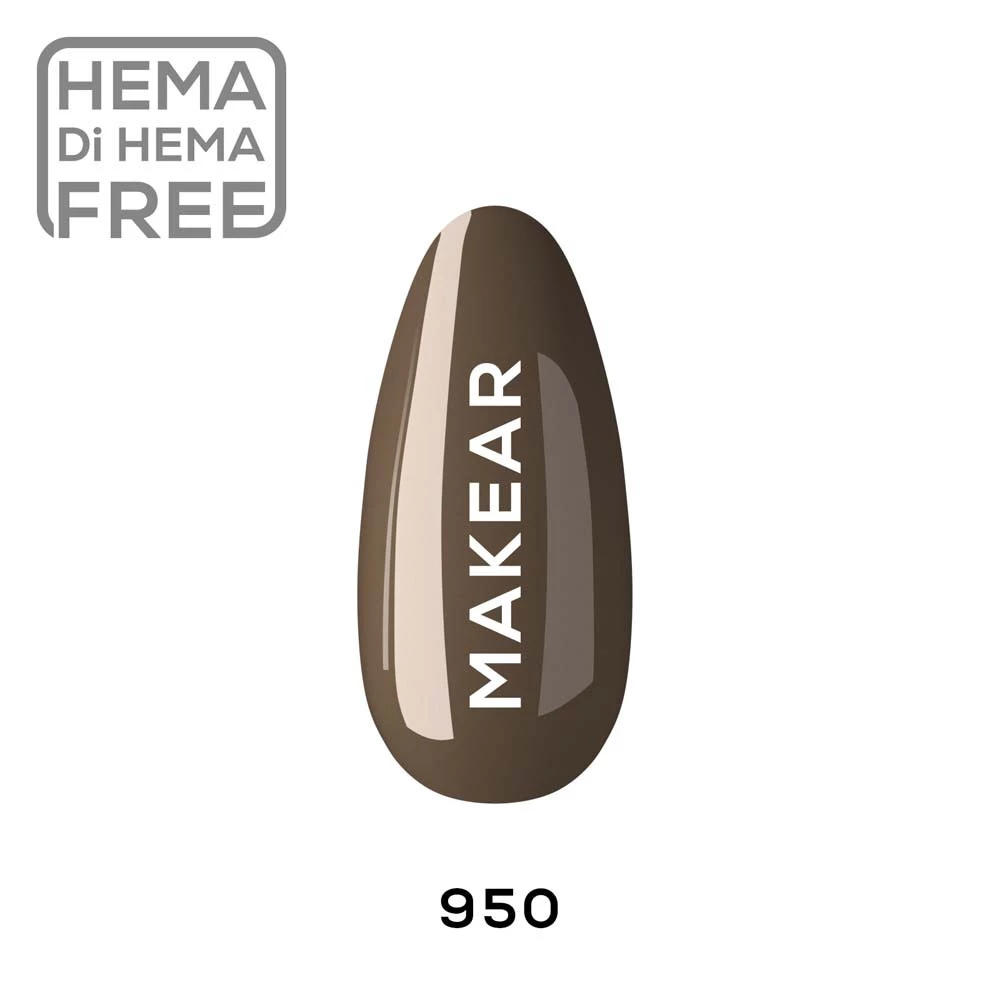 Makear lakier hybrydowy 950 Kendall - swatch ciepłego kawowego brązu na tipsie, krem pełne krycie, 8 ml HEMA FREE