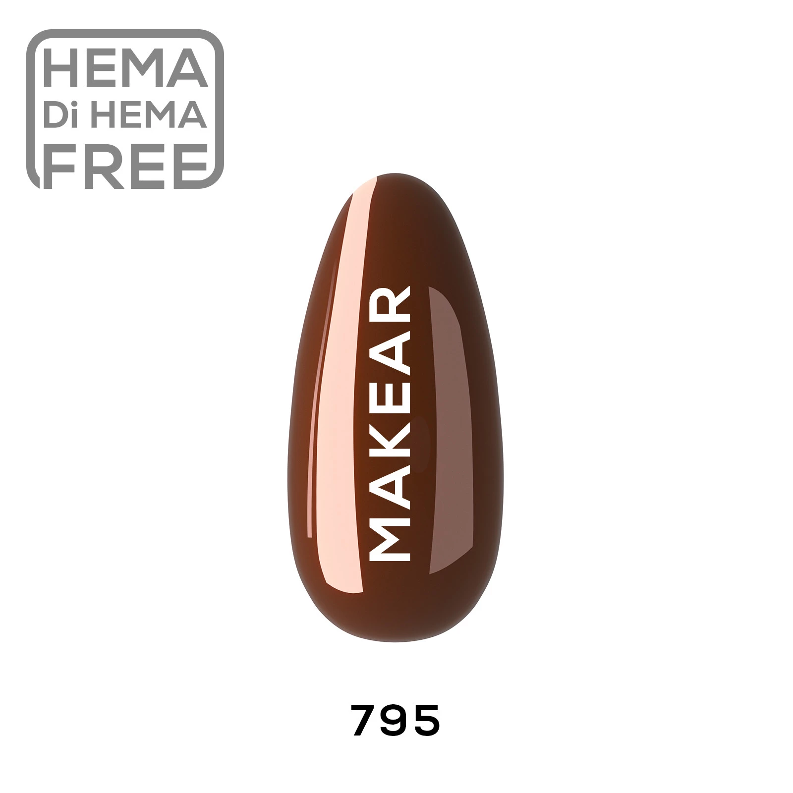 Makear lakier hybrydowy 795 Te quiero - swatch czekoladowo-rdzawego brązu na tipsie, krem pełne krycie, 8 ml HEMA FREE