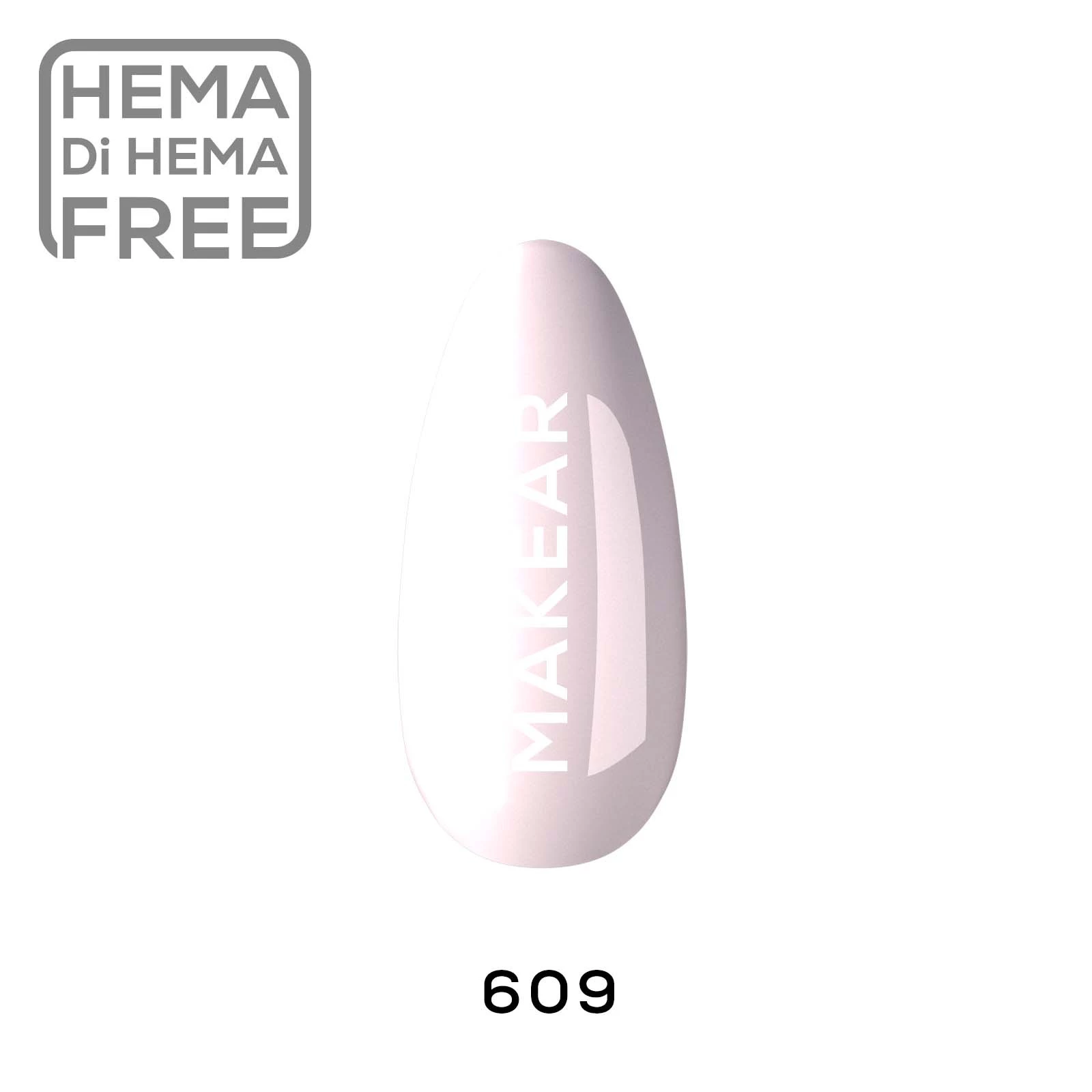 Bardzo jasny pudrowy róż / nude - lakier hybrydowy Makear nr 609, swatch koloru, 8 ml HEMA FREE