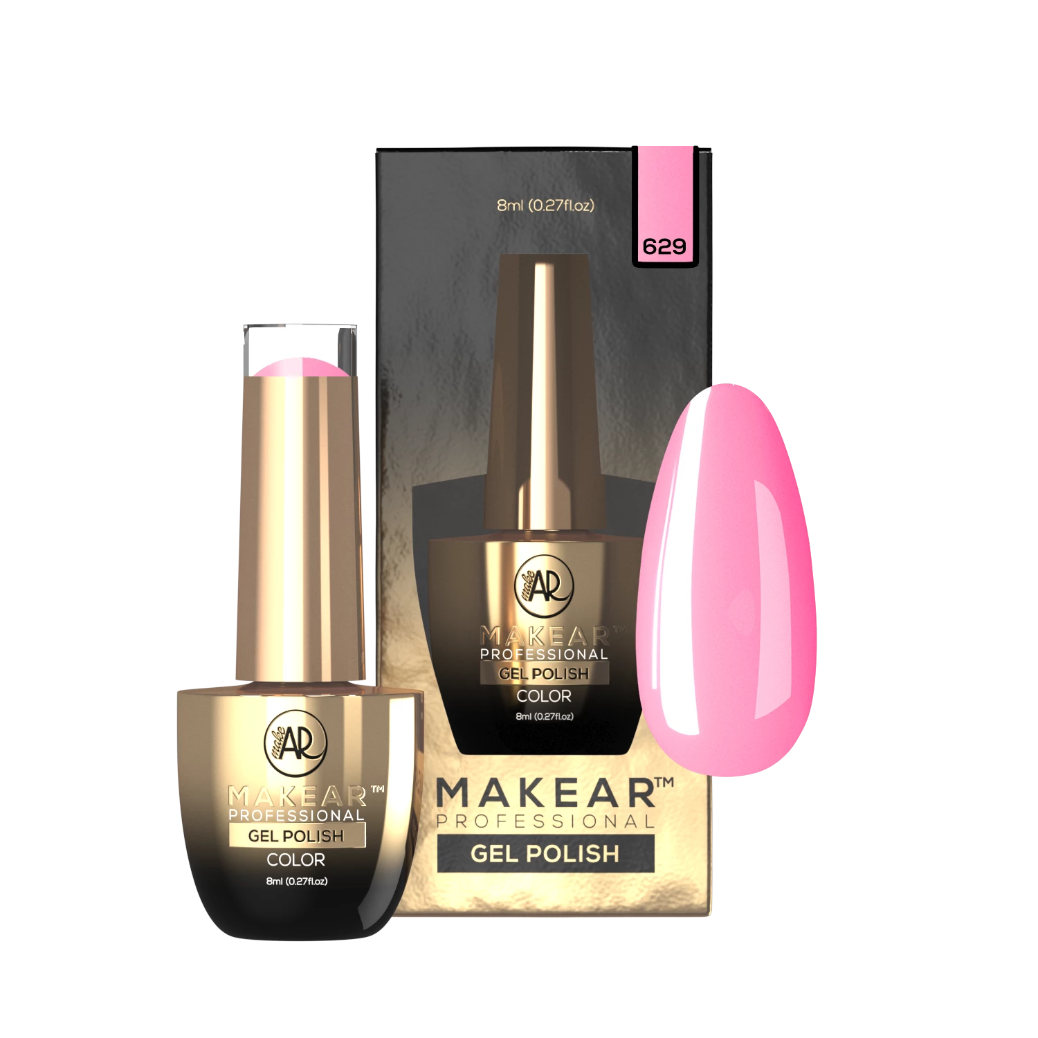 Makear lakier hybrydowy 629 Peony - swatch ciepłego różu guma balonowa, 8 ml HEMA FREE