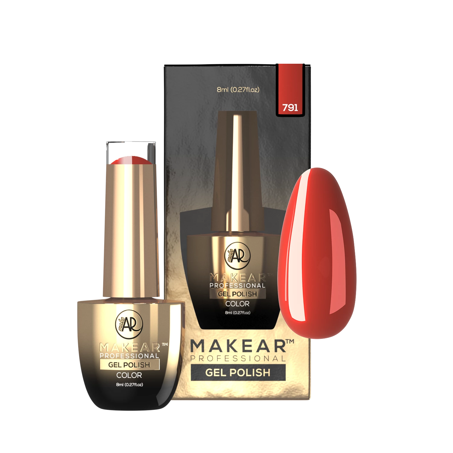 Makear lakier hybrydowy 791 Kocham Cię - swatch ciepłej ceglastej czerwieni, 8 ml HEMA FREE