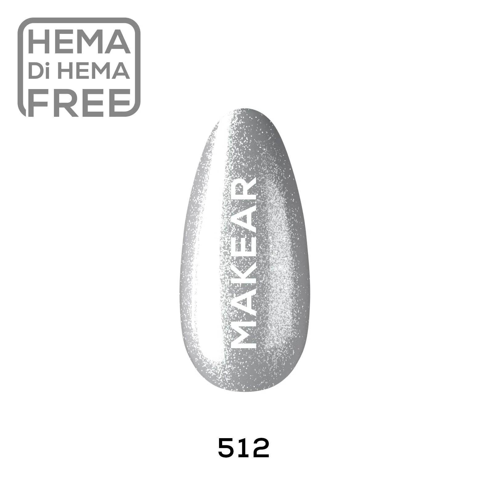 Makear lakier hybrydowy 512 Lollipop - swatch chłodnego srebra z drobnym brokatem, 8 ml HEMA FREE