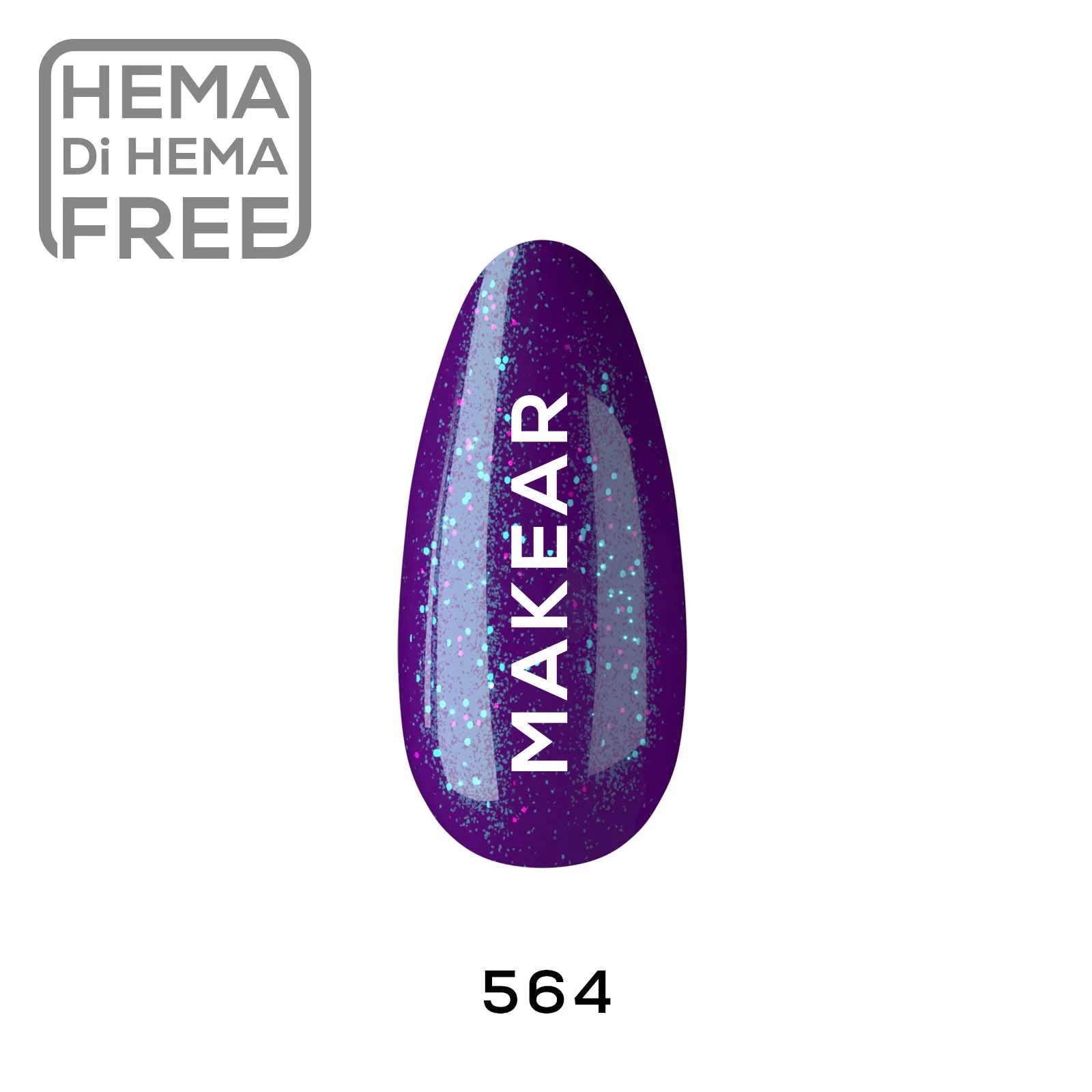 Makear lakier hybrydowy 564 Lollipop - swatch fioletu z turkusowo-holo konfetti, 8 ml HEMA FREE