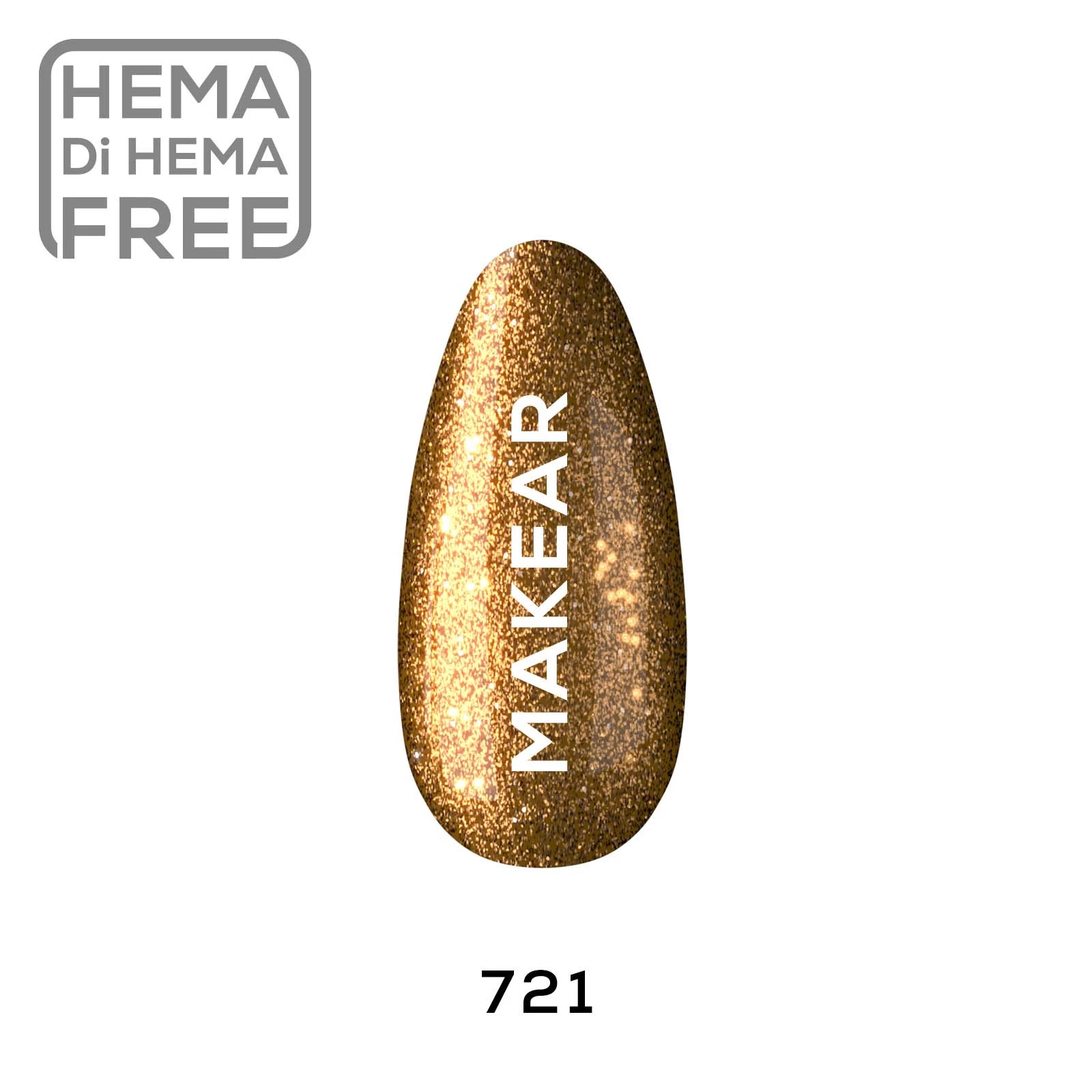 Makear lakier hybrydowy 721 Glamour złoto z gęstym brokatem - swatch koloru, 8 ml HEMA FREE
