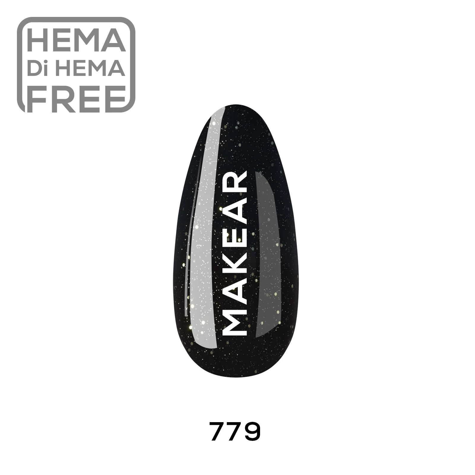 Makear lakier hybrydowy 779 Glamour czerń z drobnym srebrnym brokatem - swatch koloru, 8 ml HEMA FREE