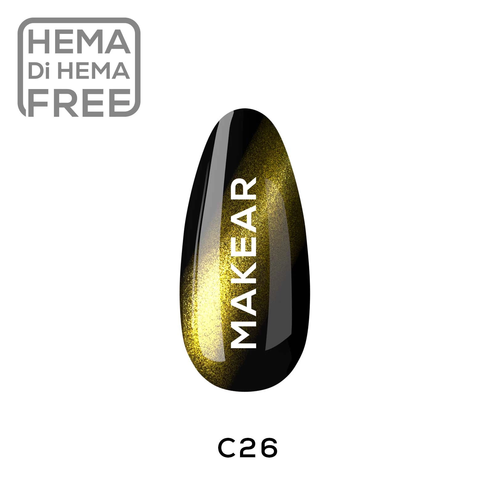 Makear lakier hybrydowy C26 Cat Eye czarna baza ze złoto-zieloną smugą kociego oka - swatch koloru, 8 ml HEMA FREE